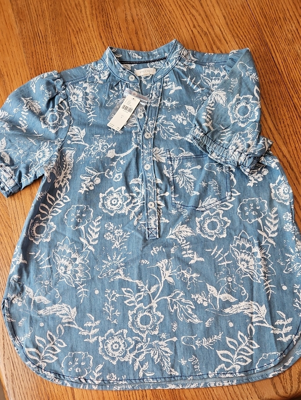 NWT PILCRO ANTHROPOLOGIE BLUE FLORAL DENIM TOP SZ S